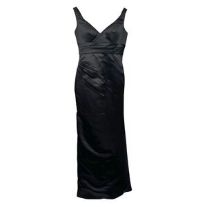 Bill Levkoff Black Satin V Neck Ruched Sleeveless Dress Floor Length Gown Size 4